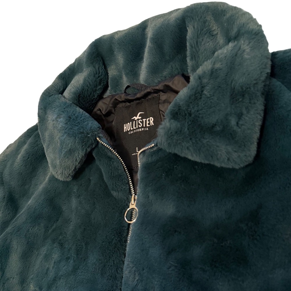Hollister Faux Fur Zip Up Jacket Teal Green Plush Bomber Coat Large - Picture 2 of 4